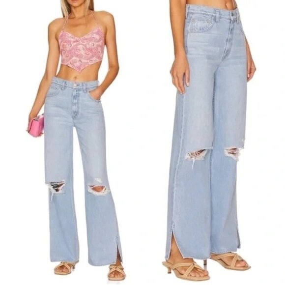 Mother Snacks Denim The Fun Dip Puddle Slice Distressed Jeans Baggy 27 NEW - Picture 1 of 8